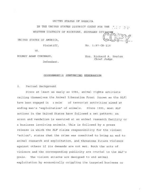 Read more about the article Rod Coronado’s Sentencing Memorandum (USA, Jul 1995)